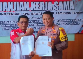 Perkuat Sinergitas Jelang Pemilu, Polres Lamteng, KPU dan Bawaslu Teken MOU