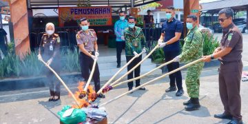 Komitmen Berantas Kejahatan, Polres dan Kejari Lampung Tengah Musnahkan Barang Bukti Narkoba hingga Sajam